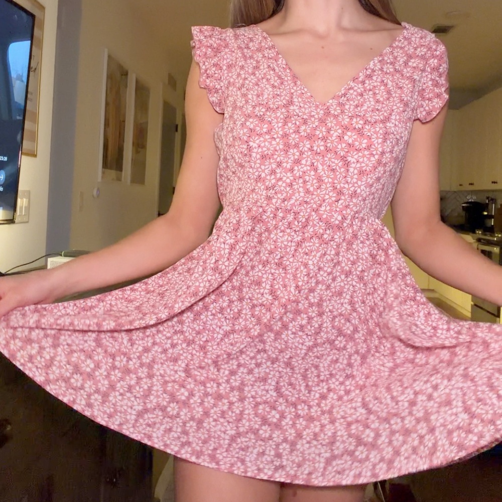 Women's Pink Flowery Dress Church Sundress Casual